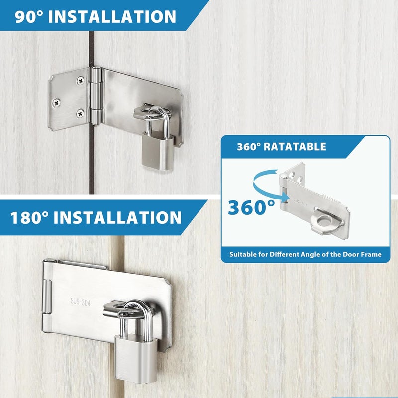 Mooche Door Lock Hasp Latch, Thicked SUS304 Stainless Steel Security Packlock Clasp Hasp Lock Latch for for Interior Door Front Door Toilet Door Barn Door Fence Door Garage Door Pet Room (Brushed, 4.21 Inch) - Image 3